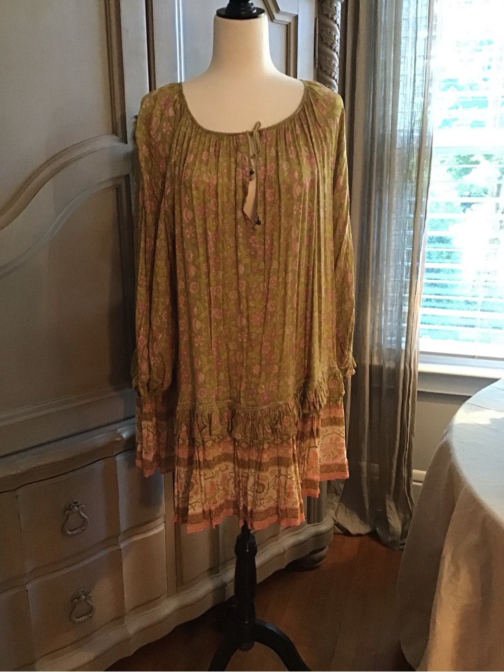 Spell Olive Green Floral Dress with Pink Blooms